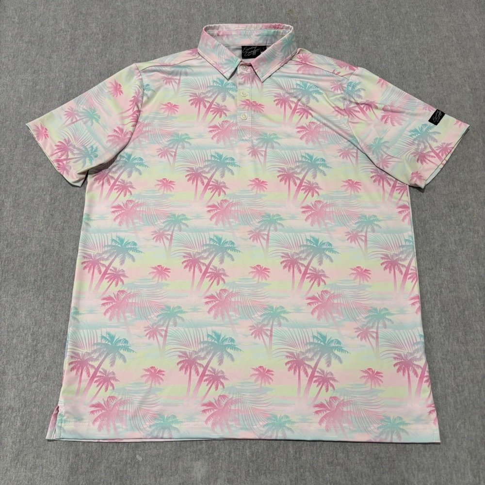 Sunday Swagger Mens Large Pastel Palm Tree‎ Golf Polo Shirt Pink Mint Green L - Picture 2 of 9